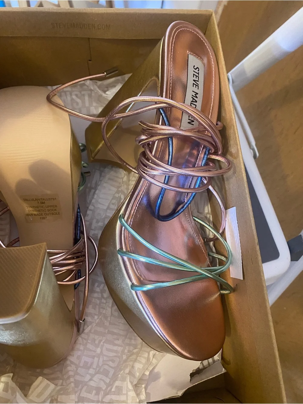 Gold Platform Block Heel Sandals with Iridescent Straps